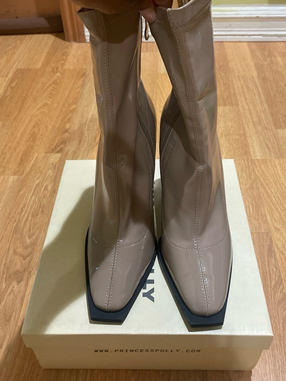 Princess Polly Taupe Patent Square-Toe Mid-Calf Boots